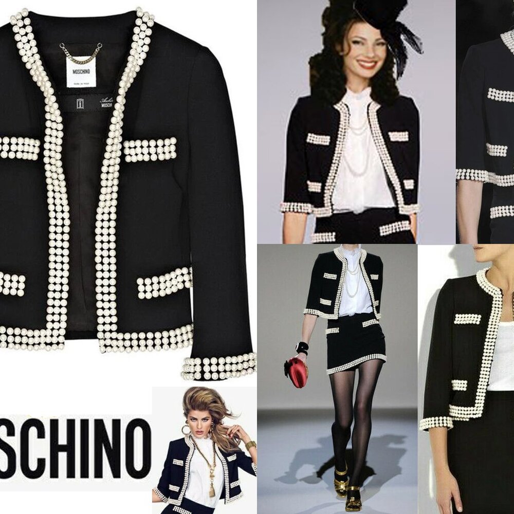 Moschino Couture Italian Black Wool Pearl TRIM LINED Jacket ONLY USA Sz 6 IT40
